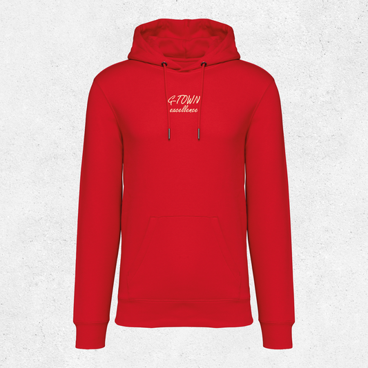 G‑TOWN Excellence Dames Hoodie – Rode hoodie met gouden opdruk, premium streetwear