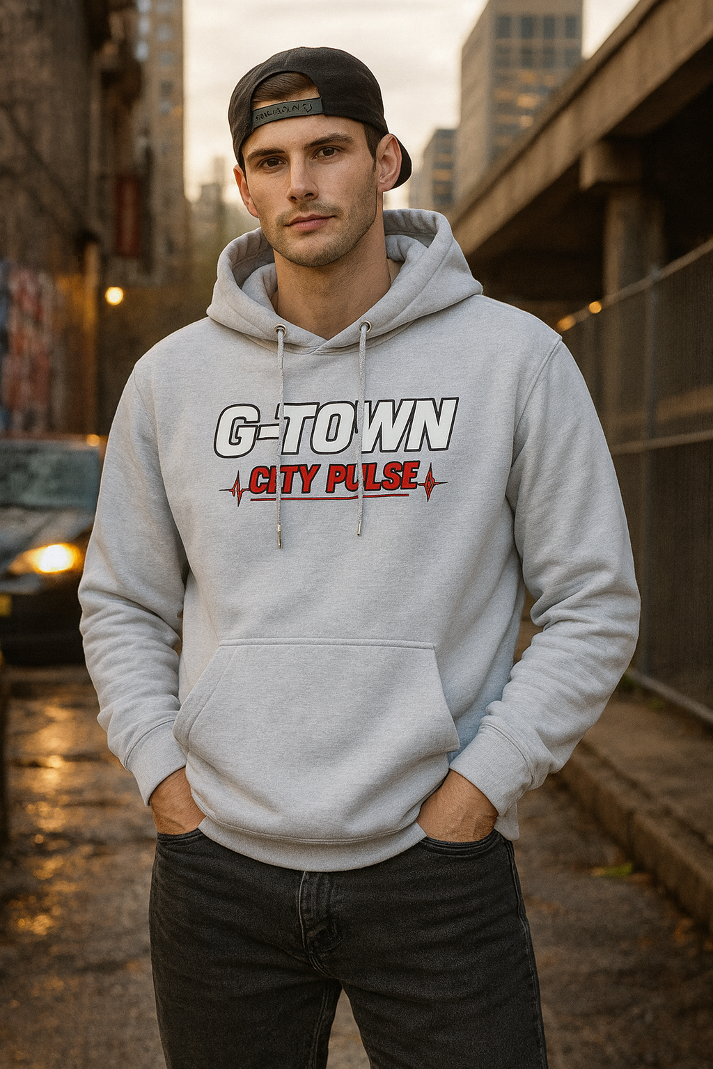 Detail van G-TOWN City Pulse Hoodie – print en zachte fleece afwerking