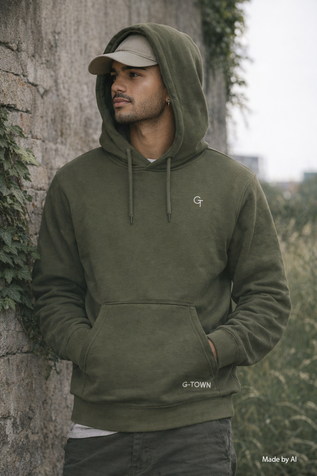 Man draagt duurzame dark khaki G‑TOWN hoodie buiten in natuurlijke urban setting