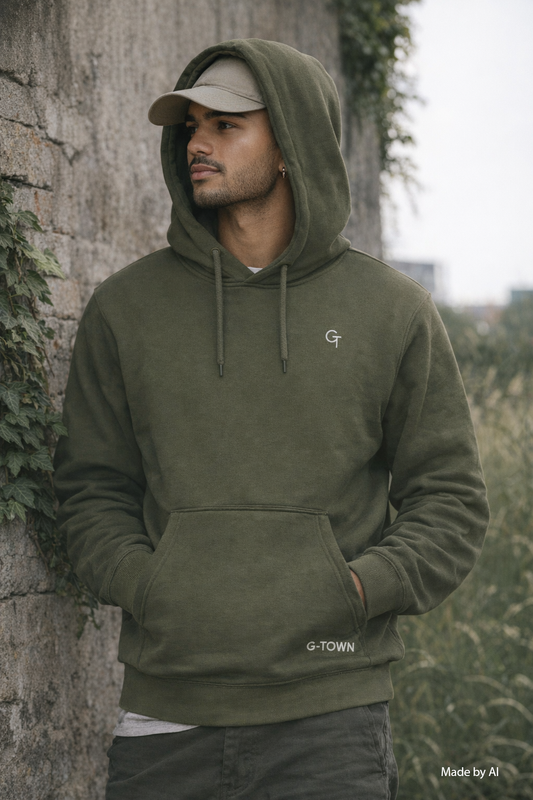 Man draagt duurzame dark khaki G‑TOWN hoodie buiten in natuurlijke urban setting