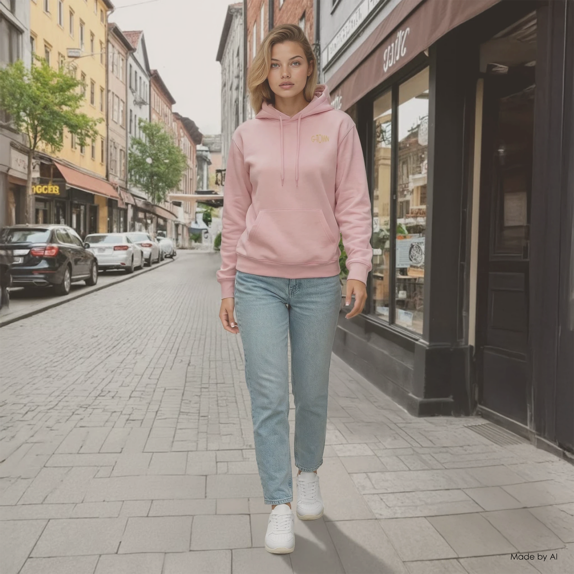 Persoon loopt over een sfeervolle Europese straat in een lichtroze hoodie, lichtblauwe jeans en witte sneaker.