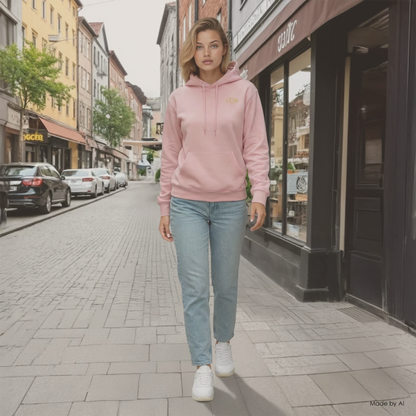 Persoon loopt over een sfeervolle Europese straat in een lichtroze hoodie, lichtblauwe jeans en witte sneaker.