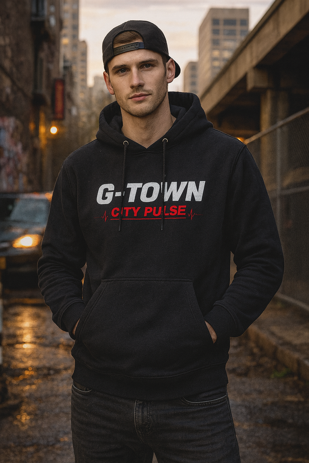 G-TOWN City Pulse Hoodie heren in zwart  voorkant met City Pulse desig
