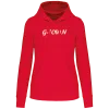 G-TOWN Champagne Chique Dames Hoodie 6 draagt de G-TOWN Champagne Chique Dames Hoodie – stijlvolle en duurzame hoodie in het rood met champagnekleur oppdruk