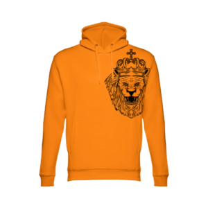 Voorzijde van de Lion Head Hoodie in oranje met opvallende leeuwenkop-opdruk