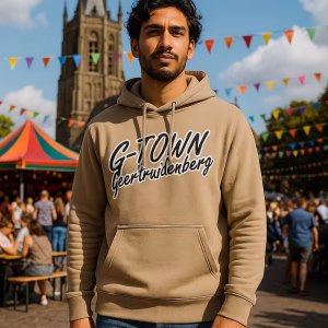 G-TOWN Hoodie Geertruidenberg in Wet Sand Unisex streetwear met plaatsnaamprint, gedragen door model op straat