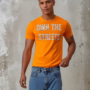 Oranje G-TOWN heren T-shirt met "OWN THE STREETS" print – 100% katoen streetwear met duurzame afwerking en urban stijl.